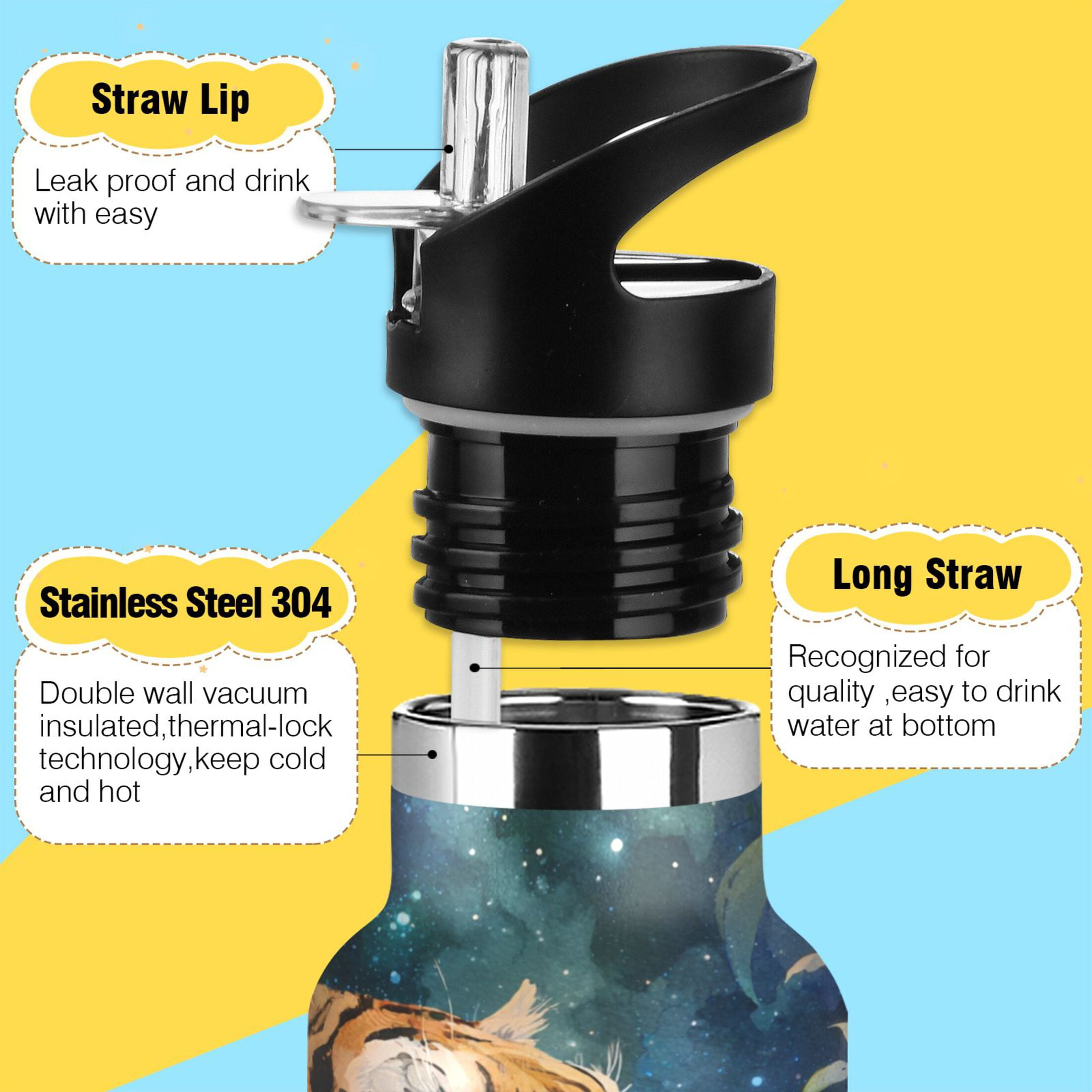 600ML Stainless Steel Insulated Cup Sports Water Bottle Portable Thermos Cup Water Glasses Insulated Tumblers Convenient and Durable Night Tiger