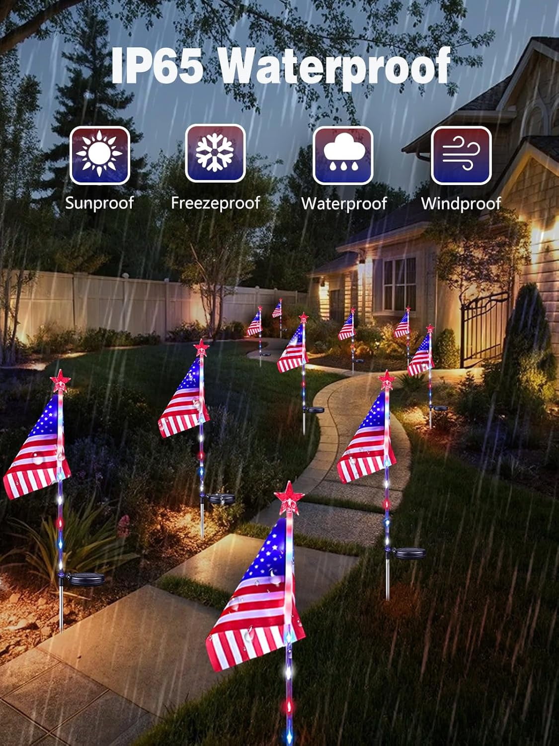 BZPIZ American Flag Solar Lights Outdoor, 4th of July Decorations Red White and Blue Star Lights, 2 Modes Waterproof Patriotic Lights for Anniversary Independence Memorial Day Garden Yard
