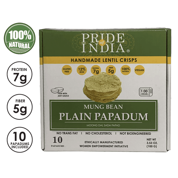 Pride Of India - Mung Bean Plain Papadum Lentil Crisp, Pack of 6 - 10 count (3.53oz - 100gm) - Protein Fiber & Iron Rich, Gluten-Free Vegan Lentil Crackers, Healthy Indian Appetizer, Ready in Seconds