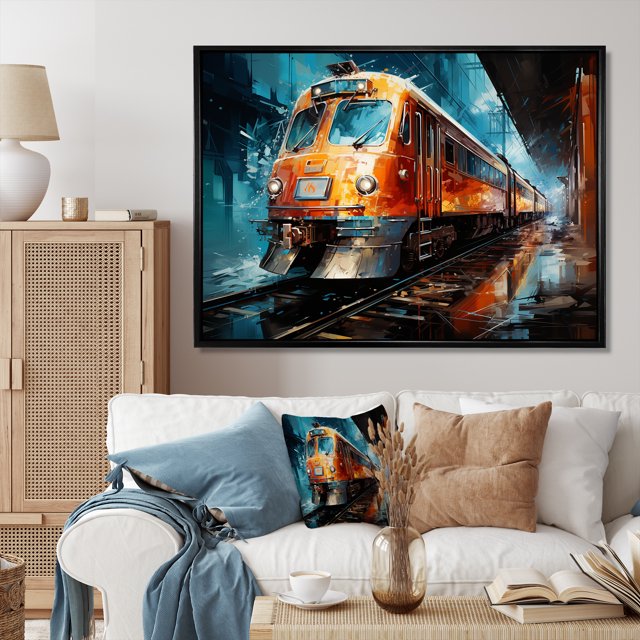 Designart Large Train framed wall Art, Train Dynamic composition , train framed wall art decor, Multi-Color Modern black framed wall art, 32x24 inches black frame