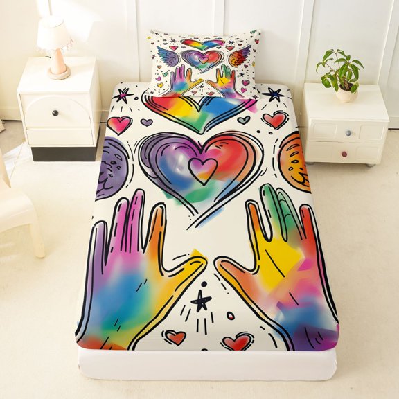 Manfei Cartoon Rainbow Love Twin Fitted Sheet, Watercolor Graffiti Art Bedding, Cream Blue, 2 Pieces, 1 Fitted Sheet and 1 Pillowcase