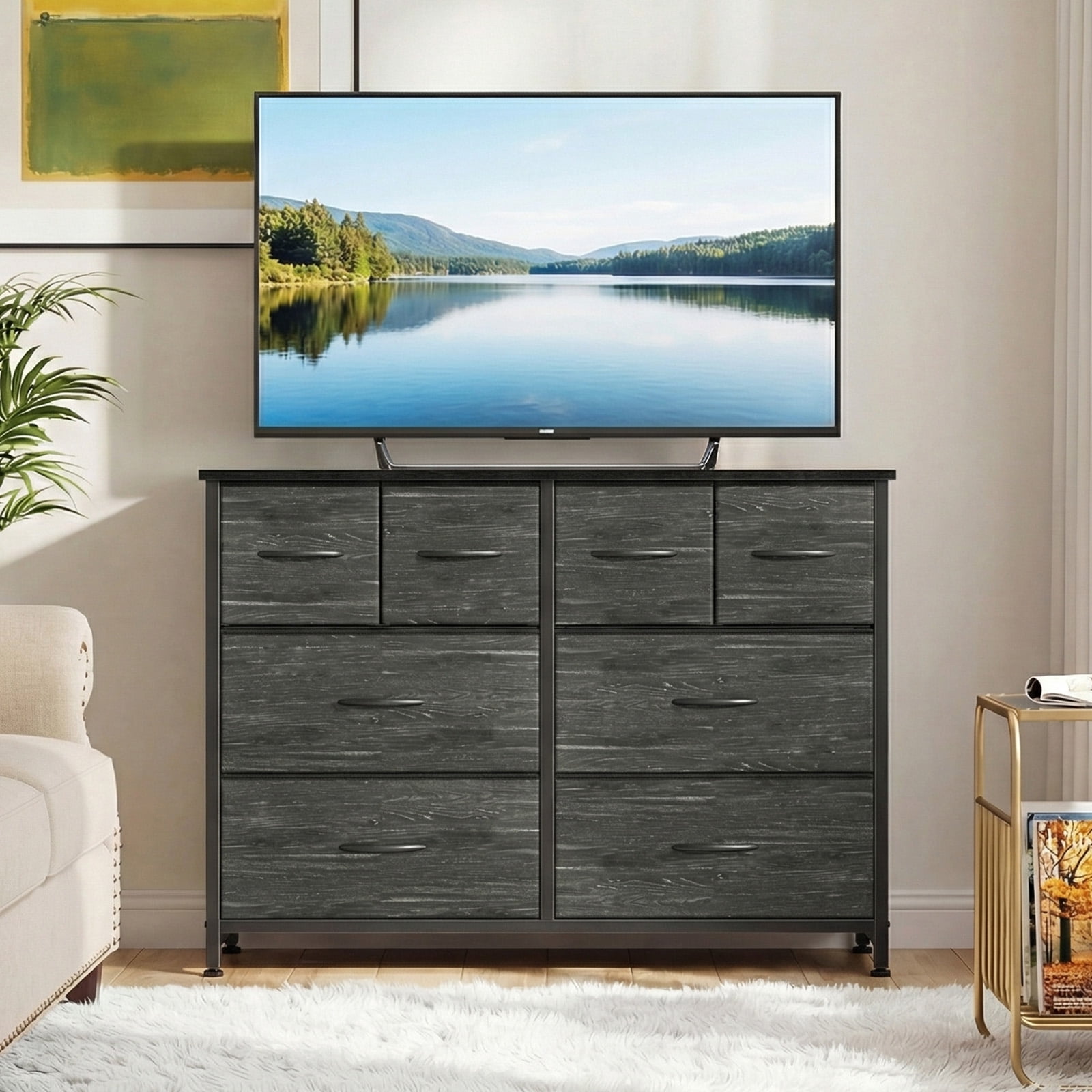CONCETTA 8-Drawer Fabric Dresser, Wide Chest of Drawers, TV Stand for Bedroom, Living Room, Black Wood