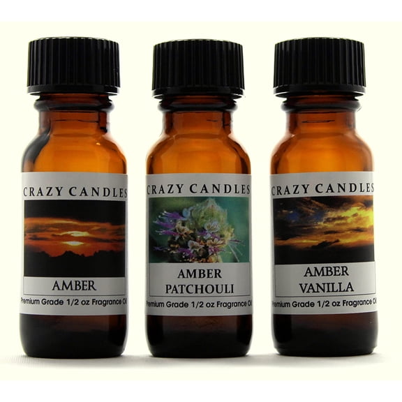 Crazy Candles 3 Bottles Set, 1 Amber, 1 Amber Patchouli, 1 Amber Vanilla 1/2 Fl Oz Each (15ml) Premium Grade Scented Fragrance Oils