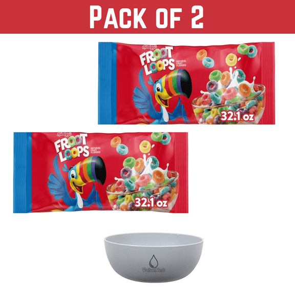 Pack of 2 Kellogg's Froot Loops Cereal, Fruit Flavored, 32.1 oz Bag Each, Original  with Free Valuenest Bowl