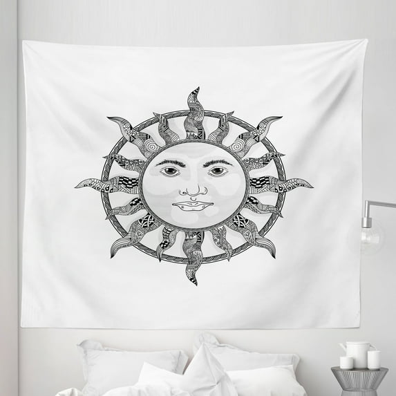 Sun Tapestry, Monochrome Ornamental Zentangle Heavenly Body with Human Face Design Pattern, Fabric Wall Hanging Decor for Bedroom Living Room Dorm, 5 Sizes, Black White, by Ambesonne
