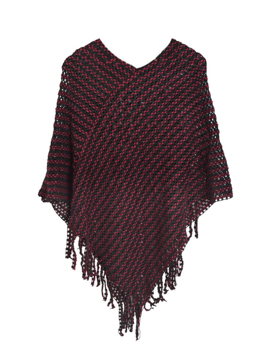 Elegant Two Tone Mesh Knit Striped Crochet Tassel Poncho Sweater Top ...