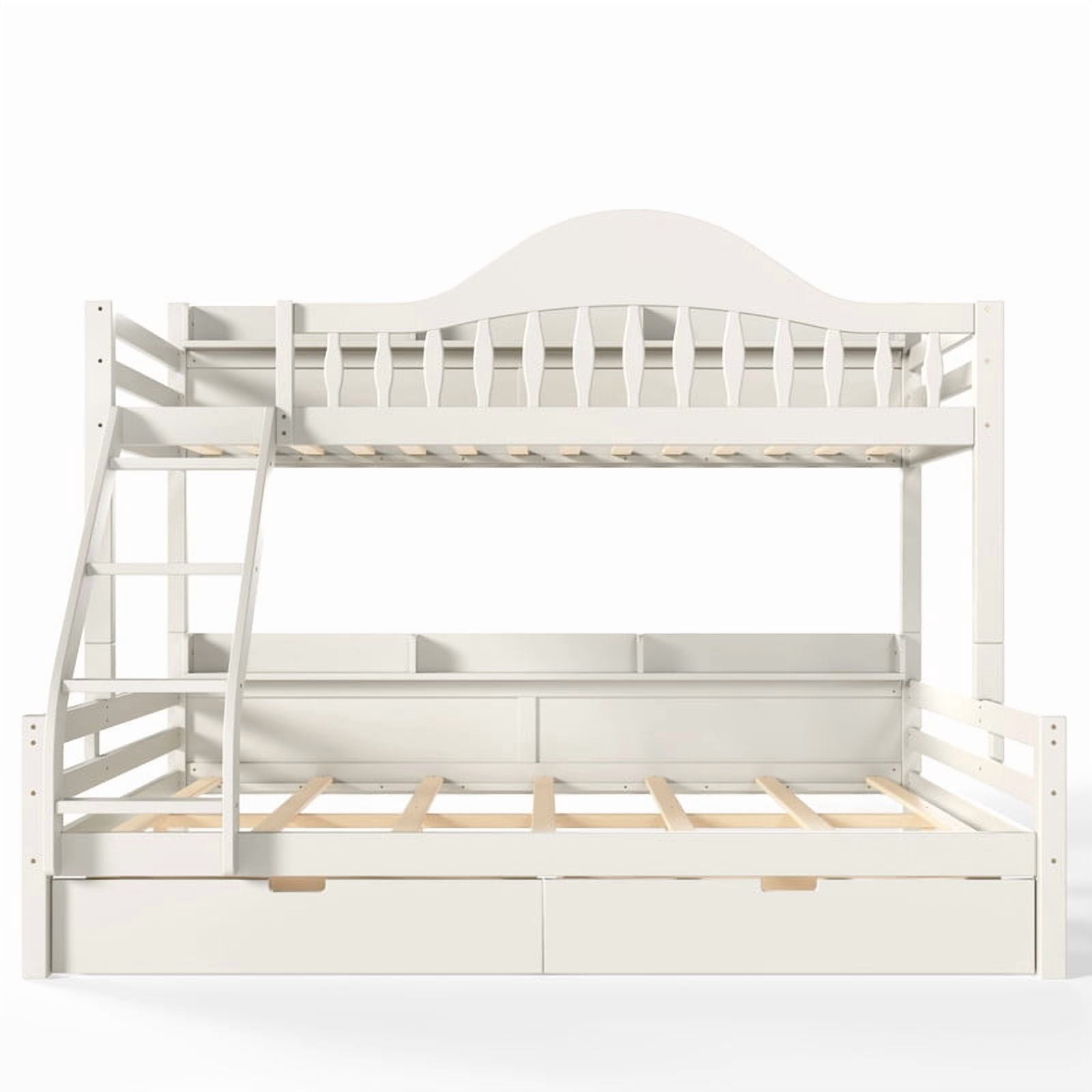 Twin XL-Over-Queen Wood Bunk Bed with Curved Guardrail & Ladder, Chic Kids Storage Bed Frame with Drawers & Bedside Shelves