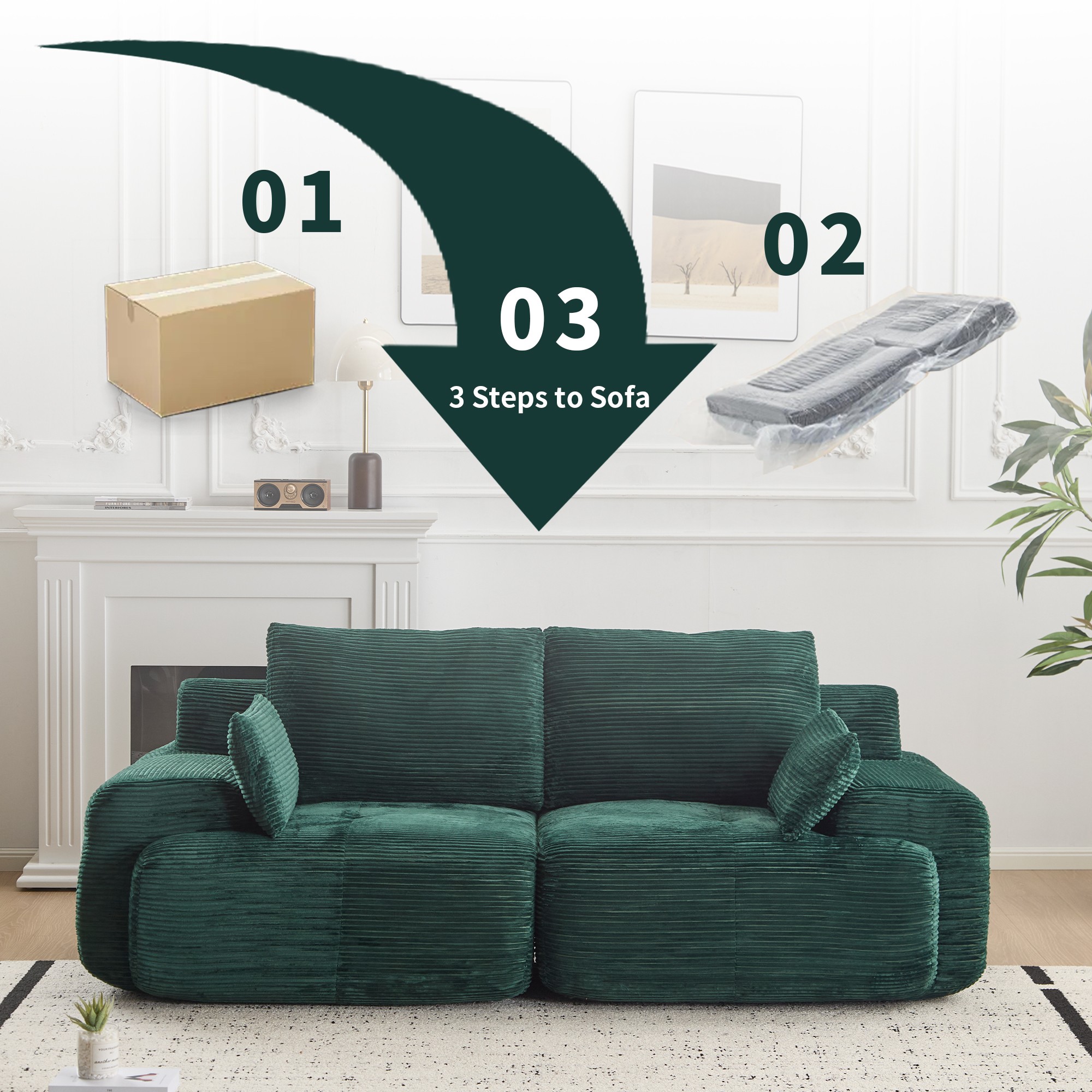 Leumius Modern Compressed Sofa,2 Seater Memory Foam Sofa Couch,Corduroy Extra Deep Loveseat Sofa for Living Room,Green