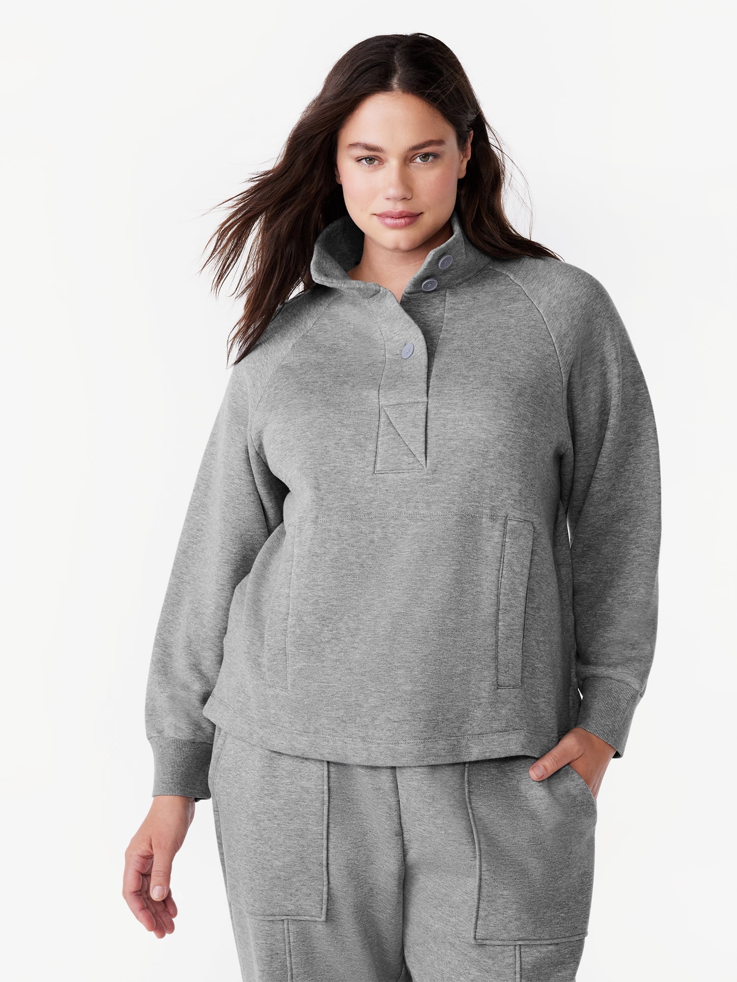 Free Assembly Women's Fleece Popover Sweatshirt with Raglan Sleeves, Size XS-XXXL