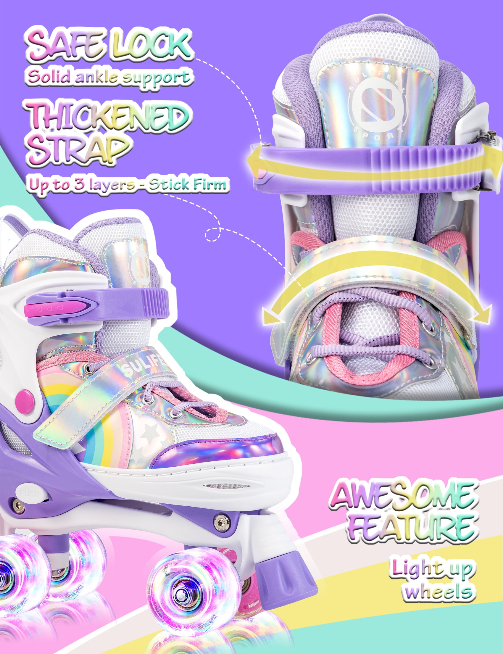 2PM SPORTS SULIFEEL Rainbow Unicorn Adjustable Roller Skates for Kids with Light up Wheels