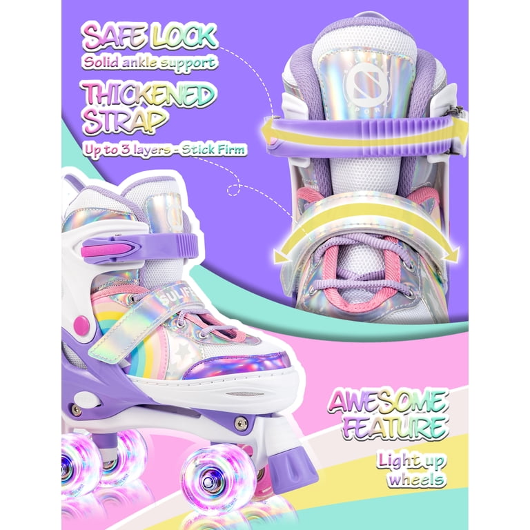Girls Light Up Roller Skates - Adjustable Size Kids Skates With PU Wheels, Purple & Black