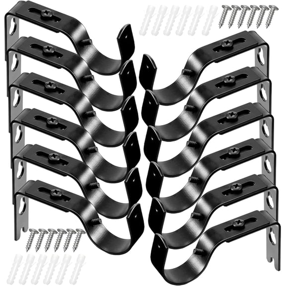Square 12 Pcs Curtain Rod Brackets Adjustable Holder Wall for 1 Inch Diameter Curtain Rod General Bracket Hooks with Screws (Black)