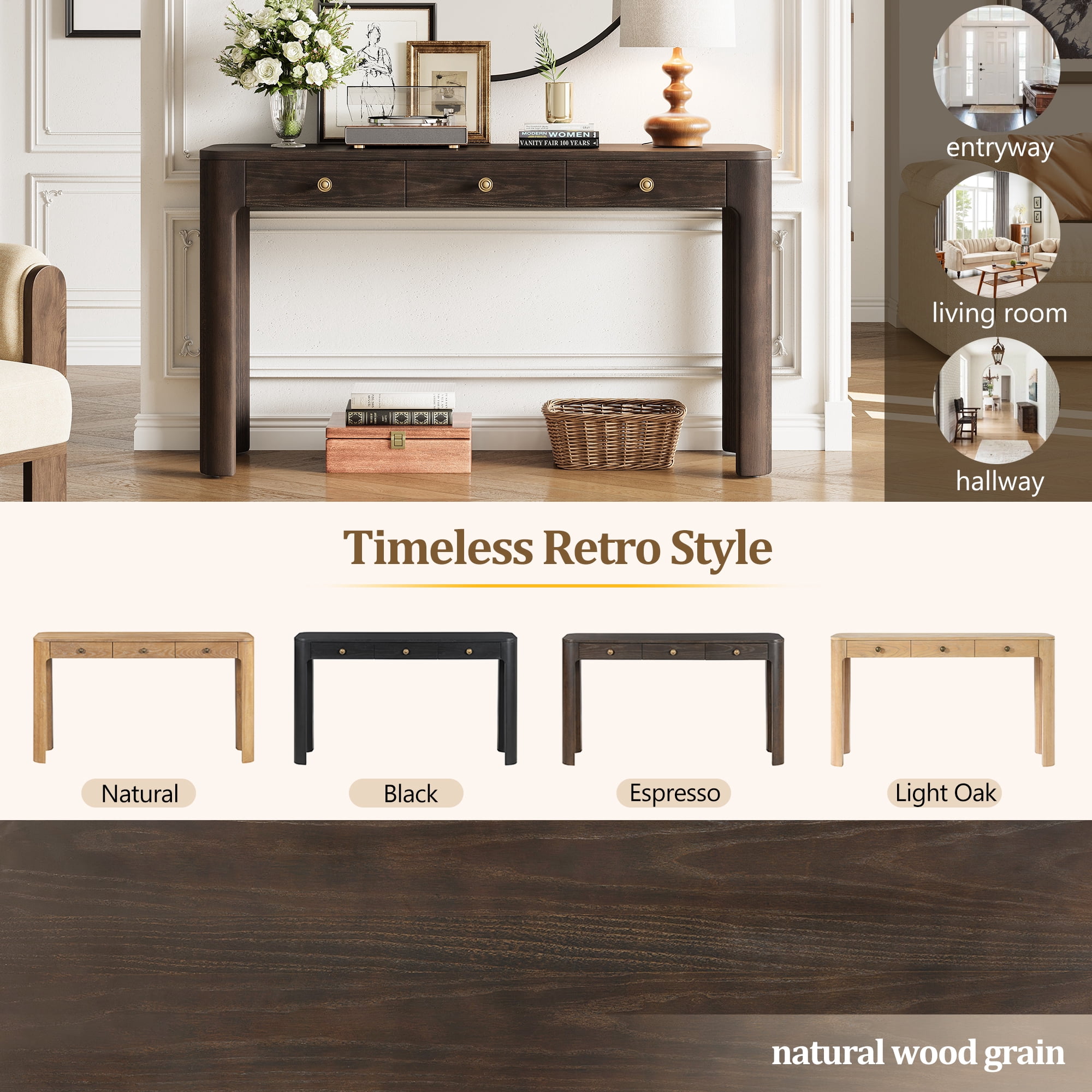 Aukfa 52" Console Table with Curved Corners, 3 Drawers & Thick Legs, Entryway Table for Living Room & Hallway, Espresso