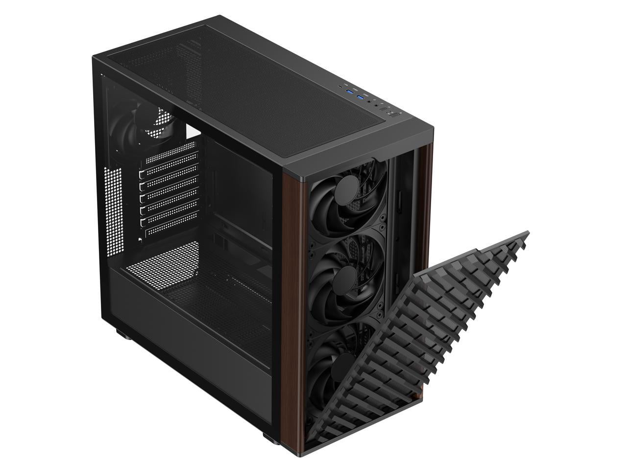 DIYPC DIY-ATX28-Wood Black USB3.0 /Type C ATX Mid Tower Gaming Computer Case w/ Tempered Glass Side Panel and Walnut Wood Front Panel, 4 x 120mm PWM Fans Pre-Installed