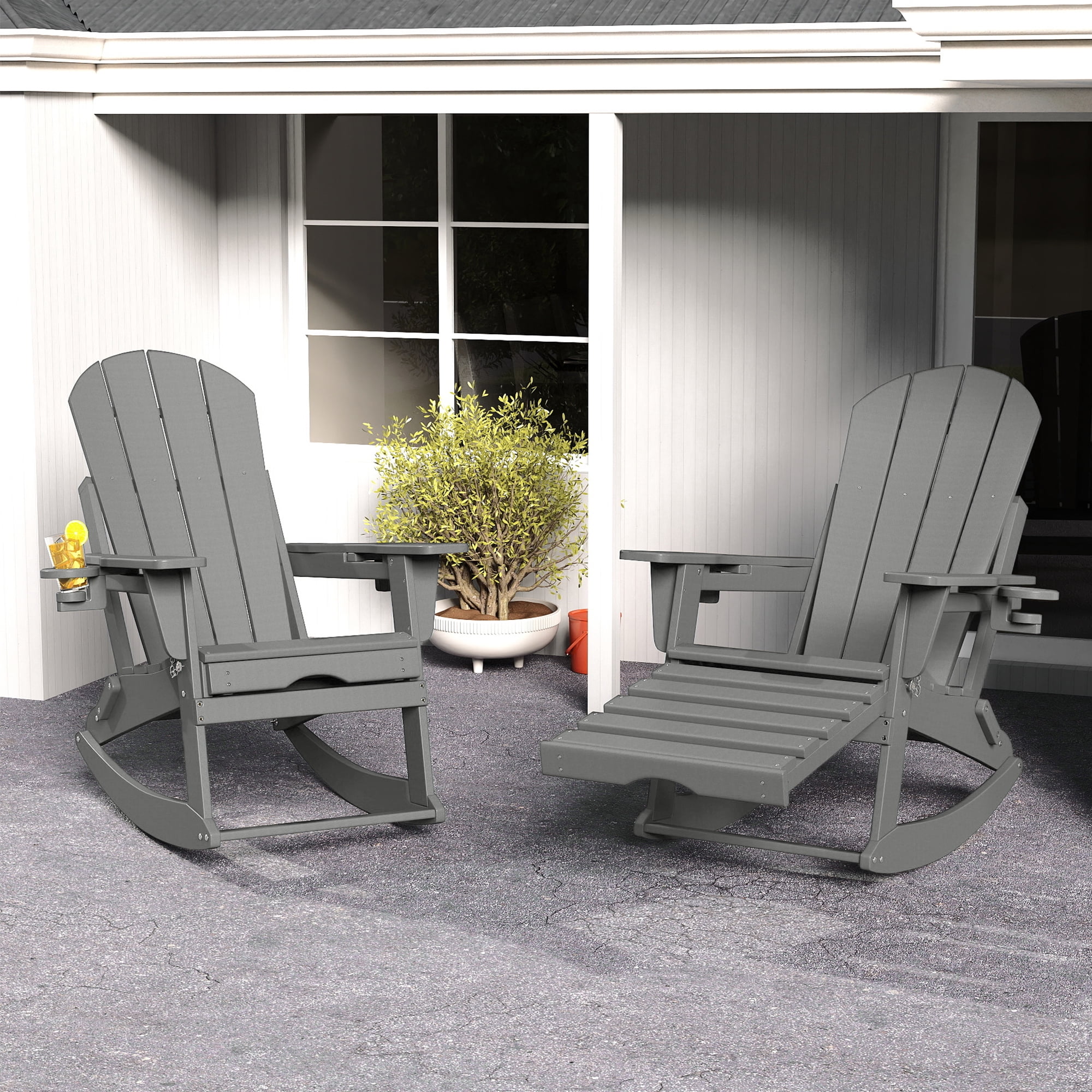 FOOWIN HDPE Plastic Rocking Adirondack Chair, Folding Rocking Chairs for Patio Porch Rocker Chair, Light Gray
