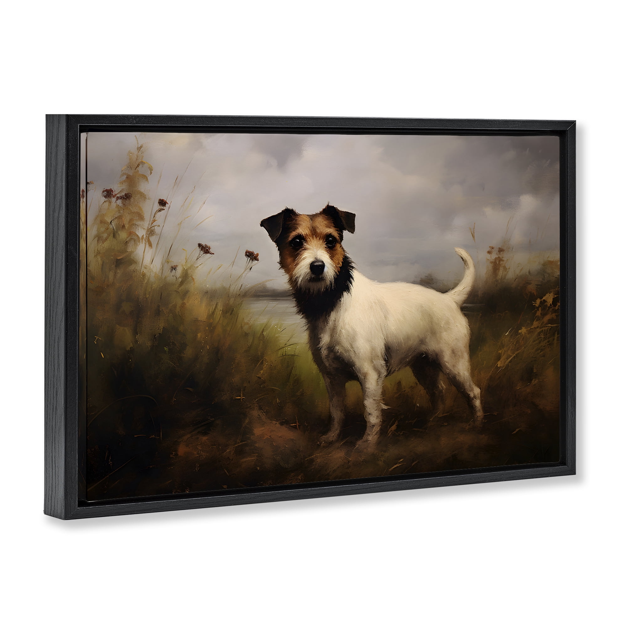 Stupell Industries Jack Russell Terrier Landscape Landscape Painting Black Floater Framed Canvas Art Print Wall Art, 31 x 21