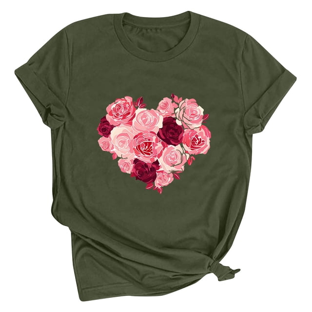 Meichang Saint-Valentin Chemises pour Femmes Imprimé Cœur Manches Courtes Col Rond Hauts de Vacances Décontractés Mignons Pulls Blouses