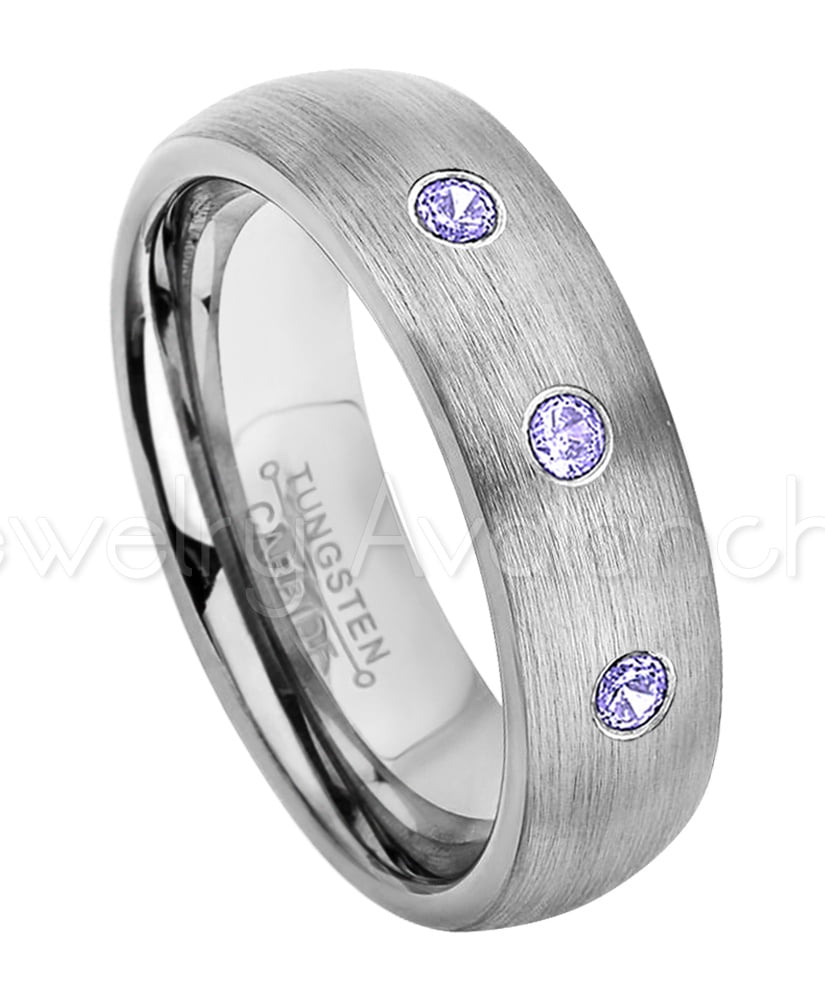 Jewelry Avalanche 0.21ctw Tanzanite & Diamond 3-Stone Tungsten Ring 7MM Comfort Fit Brushed Finish Stepped Edge Tungsten Carbide Wedding Band