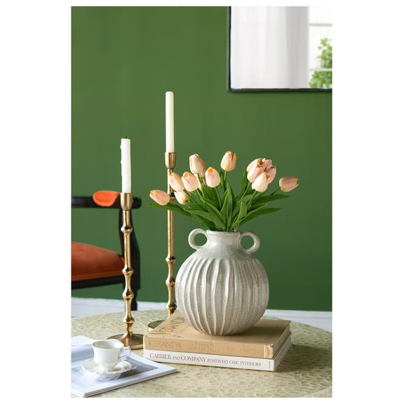 Ceramic Flower Vase, 9x9x10" Round Gold Vase with Handles & Textured Design