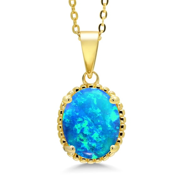 Gem Stone King 18K Yellow Gold Plated Silver Blue Opal Pendant Necklace for Women (1.17 Cttw, Oval Cabochon 11X9MM, Gemstone October Birthstone, with 18 inch Silver Chain)