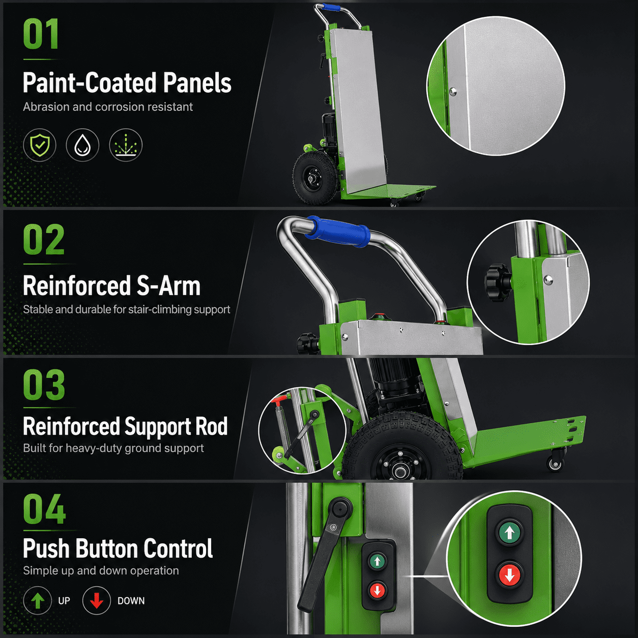 Green Hand Trucks - 880lbs Capacity Electric Stair Hand Trucks 1200W Heavy Duty Stair Climber Trolley with Safety Rope and Solid Wheel for Moving Furni ture Logistics Warehous