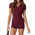 thumbnail image 1 of Diconna Women's Short Jumpsuit Solid Color Ribbed Short Sleeve Lapel Front Button Slim Playsuit Summer Clothing Rompers, 1 of 9