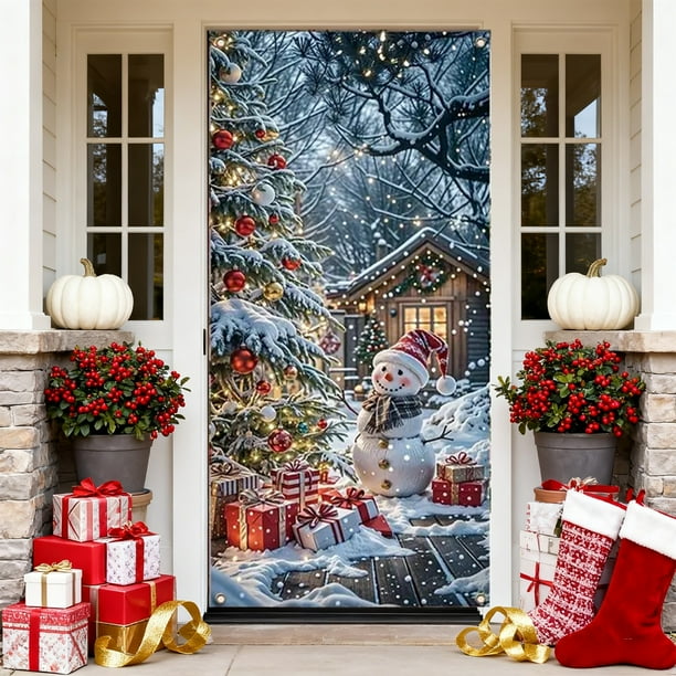 Decoraciones navideñas, adornos navideños, regalos de Navidad. Cubrepuertas navideño para puerta con diseño de muñeco de nieve. Cortina de poliéster disponible.