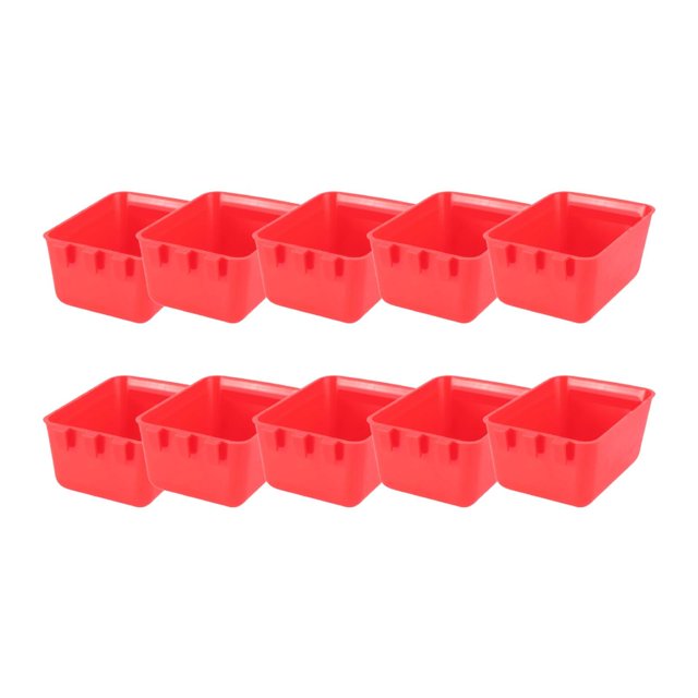 10 piezas de tazas de jaula comederos de pájaros comederos de pollo multifuncional recipiente de agua al aire libre para pájaros para, vista frontal centrada de diez comederos colgantes rojos de polipropileno con forma cuadrada, borde superior rectangular y ranuras para colgar, medidas 12.5 x 9.5 x 6 cm, para semillas o agua en jaulas y gallineros; a menudo se usan también para alimentar pequeños mamíferos.