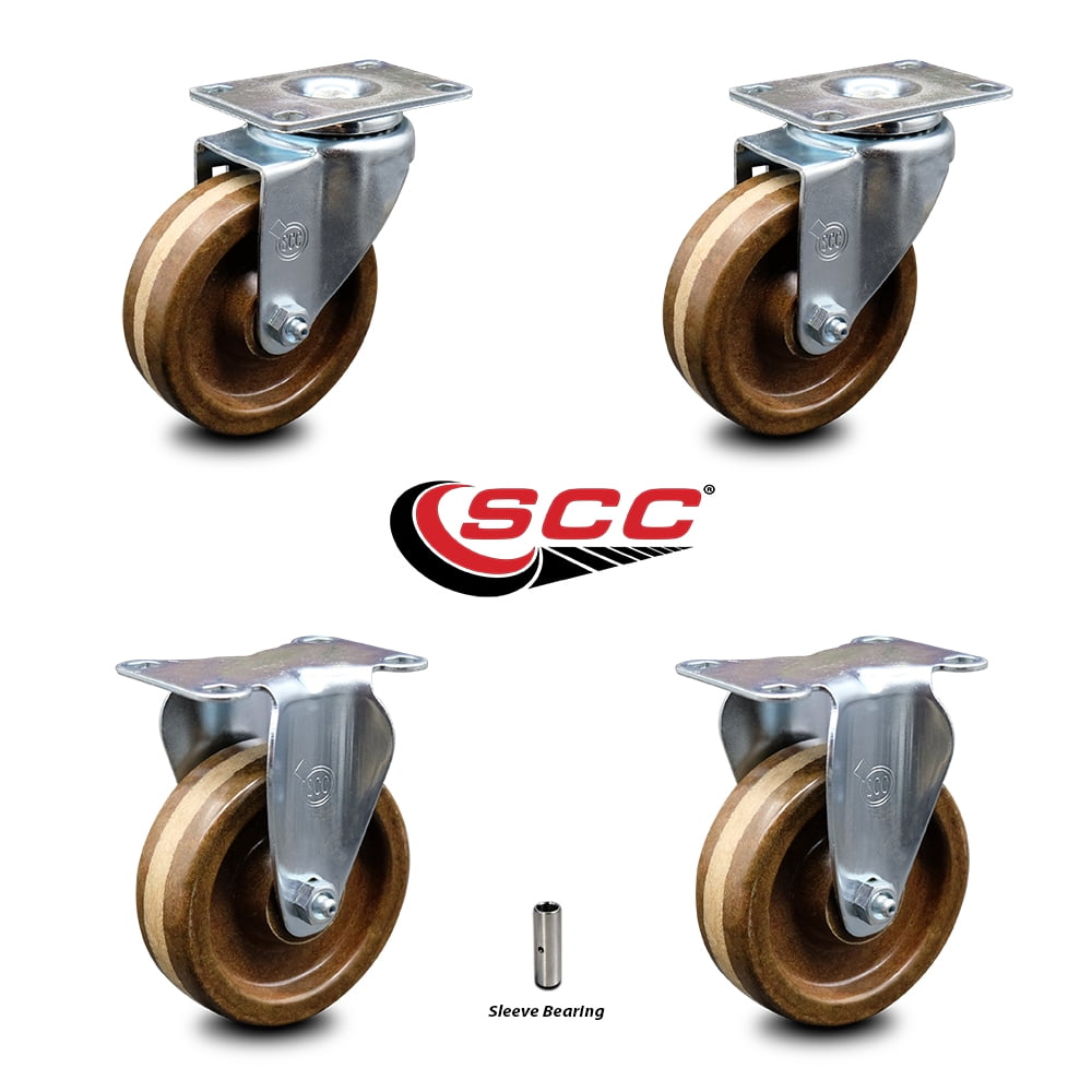 4 Inch High Temp Phenolic Wheel Swivel Top Plate Caster Set with 2 Rigid SCC