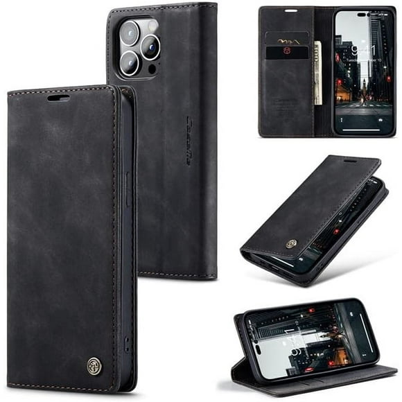 CaseMe pour iPhone 15 Pro, Étui Portefeuille Souple PU Cuir Flip Étui Magnétique Flip Housse de Protection Étui en Cuir avec ID & Carte de Crédit Fentes Titulaire Case-Noir