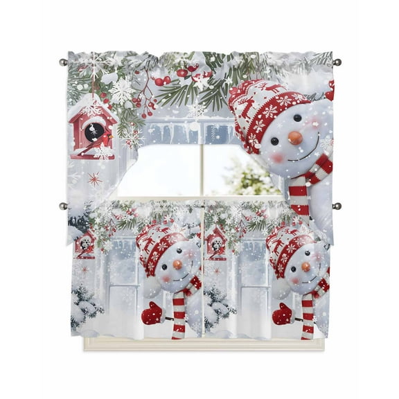 Christmas Snowman Kitchen Curtains Swag Valance and Tier Curtains Set 24 Inch Length, Winter Xmas Tree Berries Snowflakes Rod Pocket Drape Panels Pair Swag Curtains for Bathroom/Cafe/Window