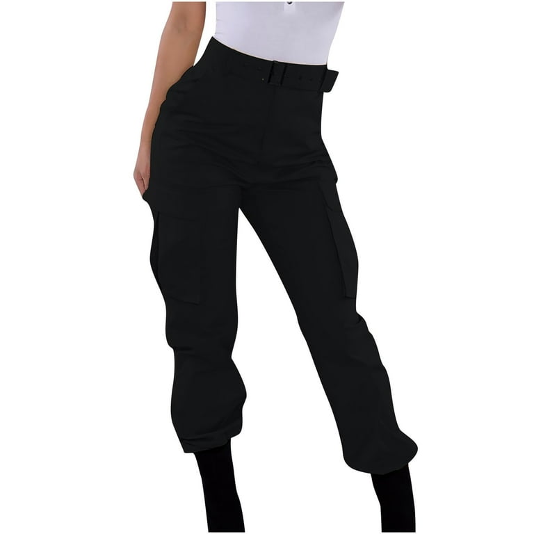 Clearance RYRJJ Outdoor Elastic High Waisted Cargo Pants for Women Casual  Baggy Combat Twill Jogger Pants with Multi-Pockets(Without Belt)(Black,XL)  