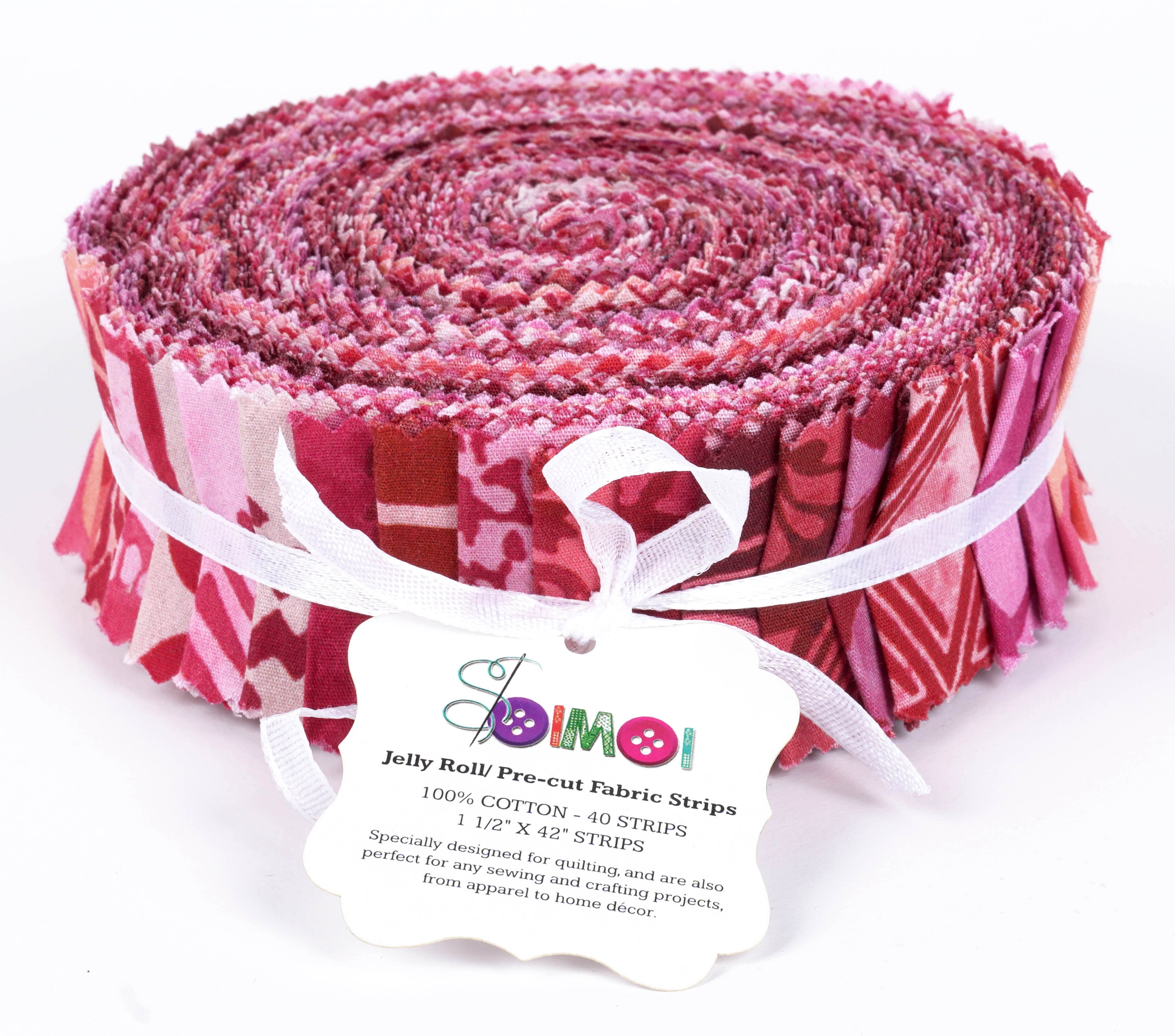Soimoi 40Pcs Batik Print Precut Fabrics Strips Roll Up 1.5x42inches Cotton Jelly Rolls For Quilting - Pink