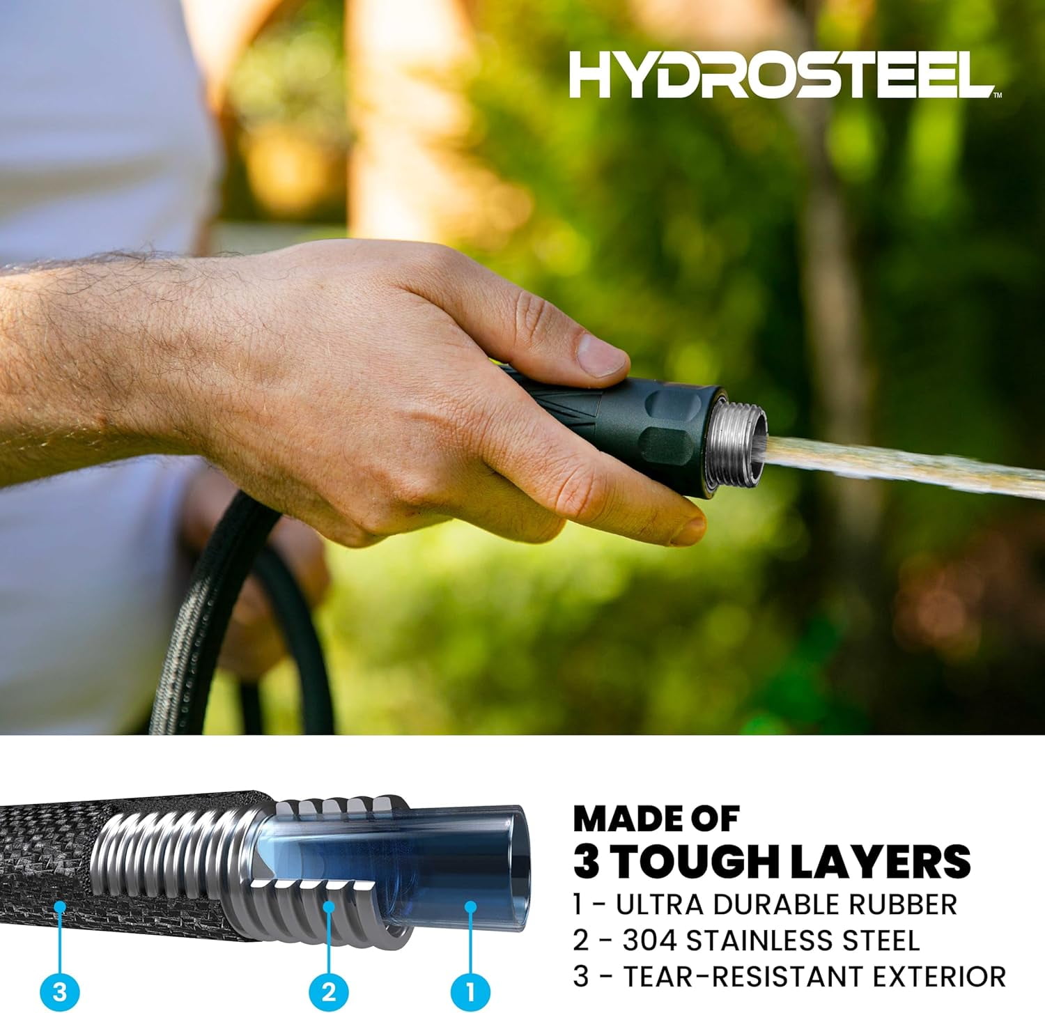 HydroSteel Garden Hose 50' ft Water Hose For Outside Heavy Duty Metal Hose Stainless Steel with Nozzle Flexible Kink-Free