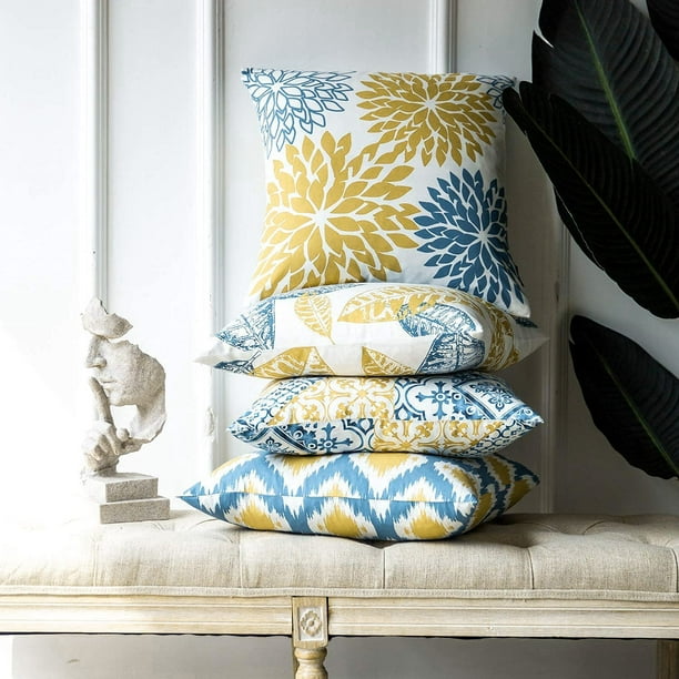 Set of 4 New Living Series Decorative Yellow and Blue Throw Pillow Case Cushion Cover 18 x 18 inches 45 x 45 cm Walmart