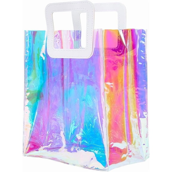 1set 13.6 x 10 x 5.8 inch Holographic Large Tote Bags Reusable Gift Bag with Handles PVC Plastic Clear Iridescent Gift Wrap for Birthday Wedding Party Favor Shopping Beach Candy Goodie Packaging DIY