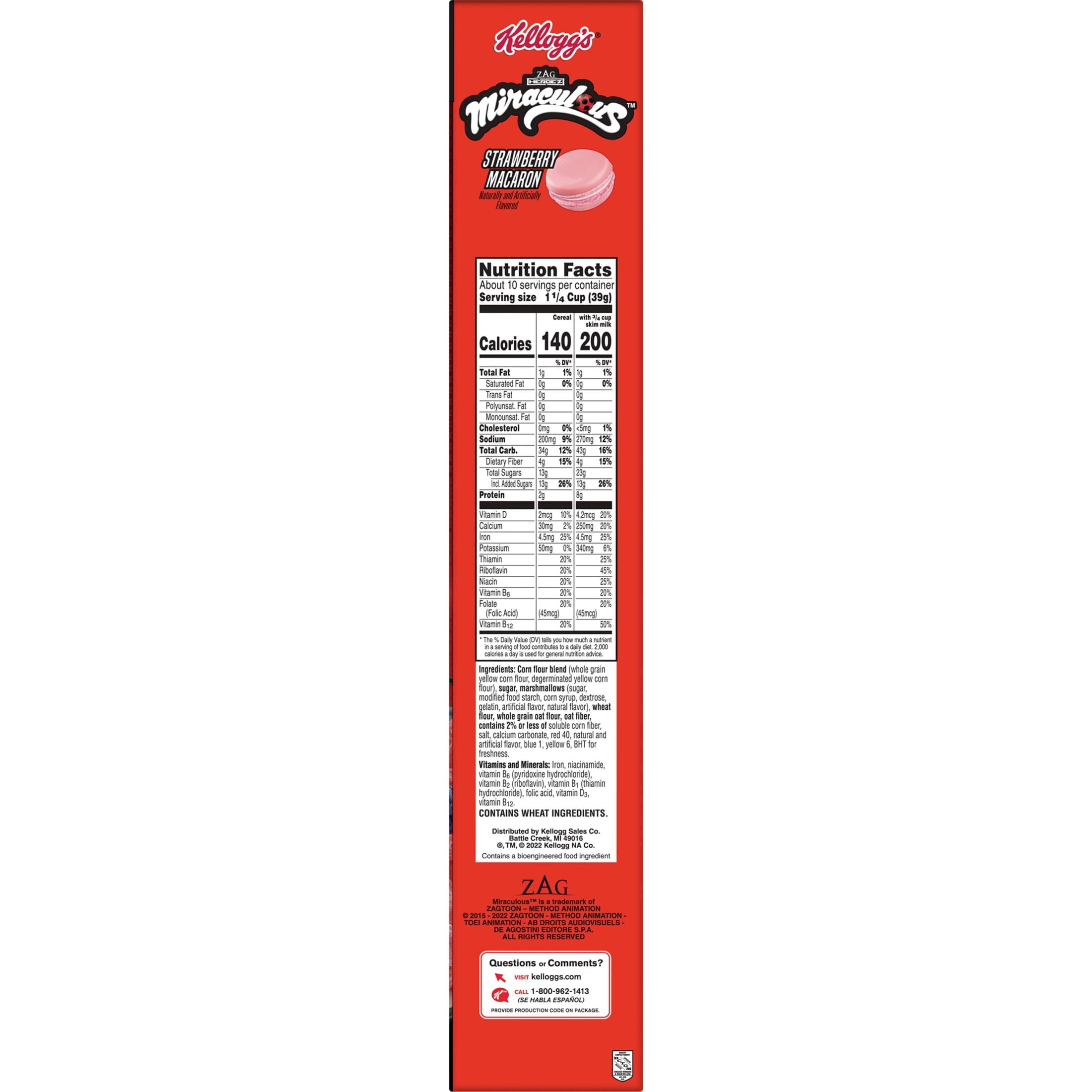 Kellogg's Miraculous Tales of Ladybug and Cat Noir Cold Breakfast Cereal, Kids Snacks, Family Size, Strawberry Macaron, 13.5oz Box (1 Box)