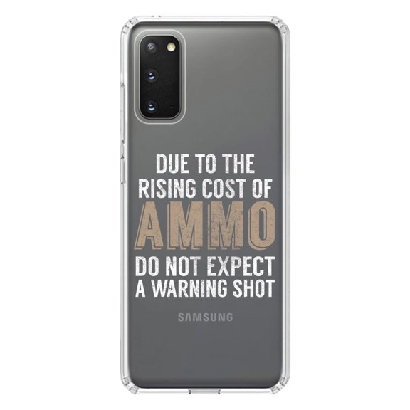 DistinctInk Clear Shockproof Hybrid Case for Galaxy S20 ULTRA / 5G (6.9" Screen) - TPU Bumper Acrylic Back Tempered Glass Screen Protector - Rising Cost of Ammo Don't Expect Warning Shot