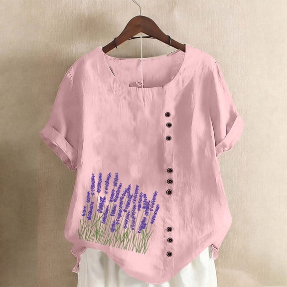 Vmvidoty 2026 Spring and Summer Cool Fashion Cotton Linen Vintage Oil Painting Style Bouquet Print Top for Women Round Neck Short Sleeve Casual Button T-Shirt Pink S