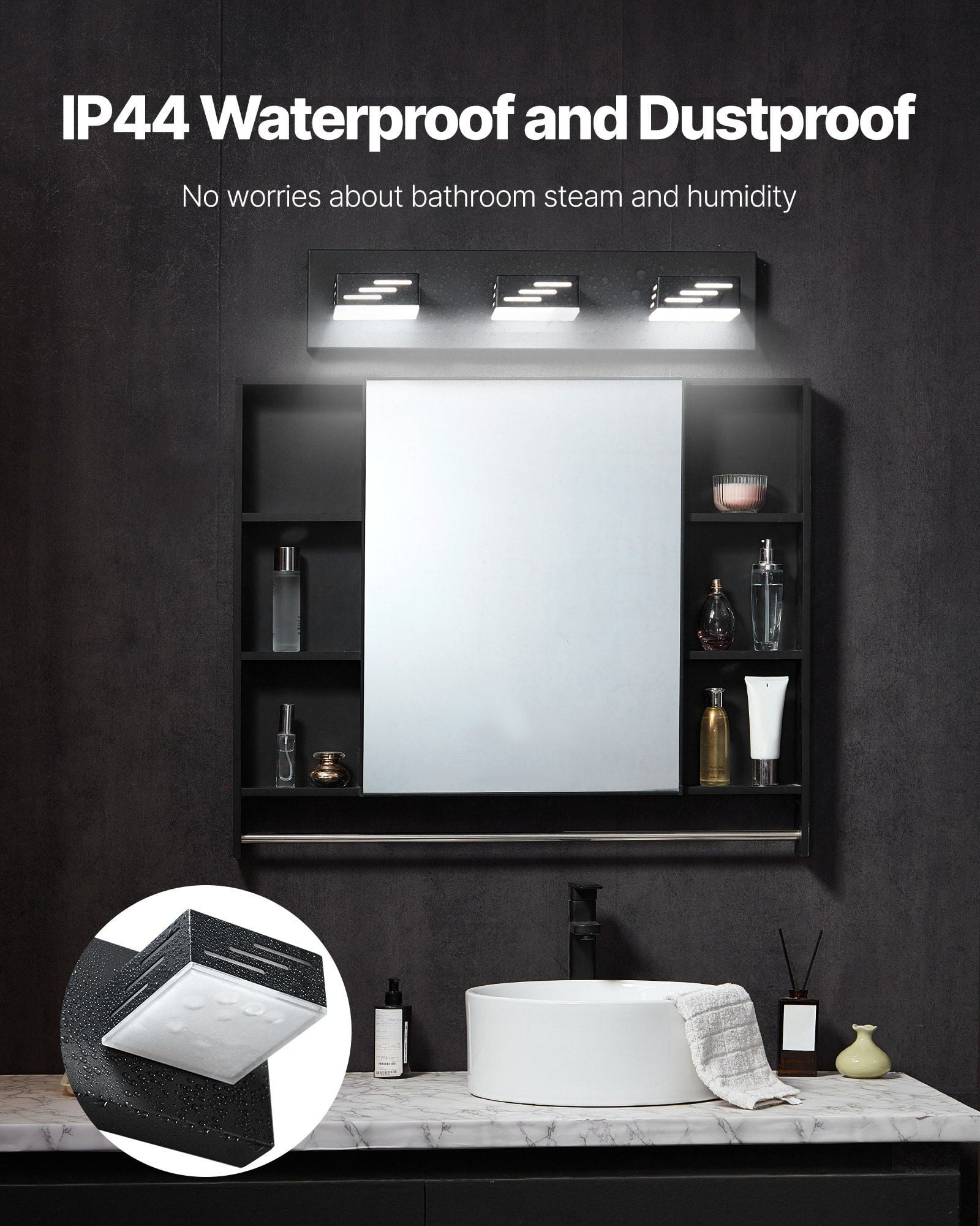 3 Light LED Modern Vanity Light Fixture 19.69 Inch Black Bathroom Wall Lighting Over Mirror IP44 Waterproof for Bathroom Living Room Bedroom Hallway Cool White 6000K