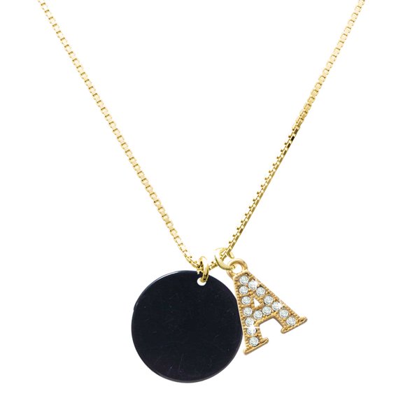 Delight Jewelry Acrylic Medium Disc Black - Large Goldtone Crystal Initial - A - Charm Necklace, 17.5" 2"