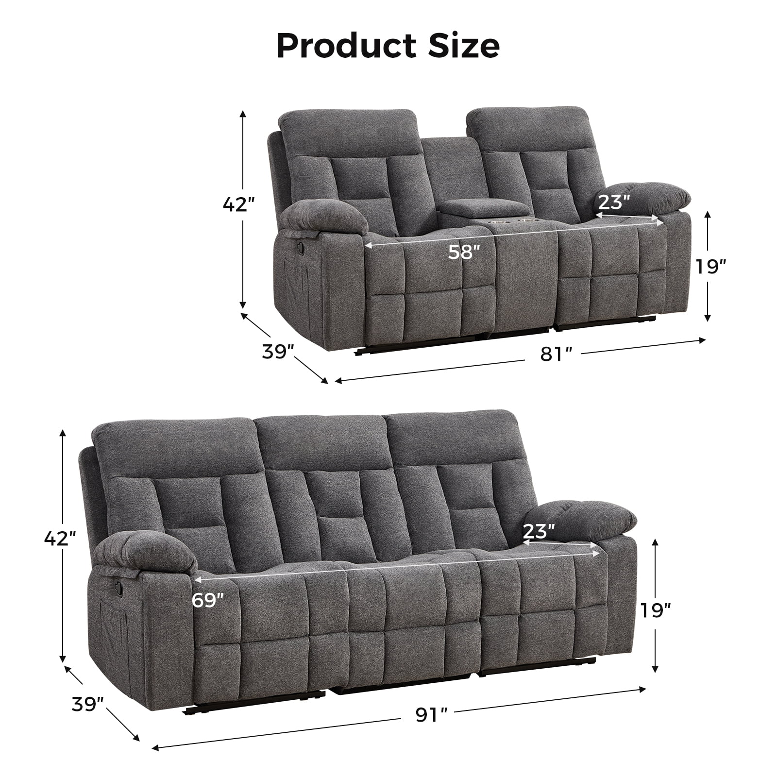 Bonzy Home 2-Piece Recliner Sofa Set — Reclining Loveseat & Extra-Wide 3-Seat Bonded Fabric Sofa, Gray