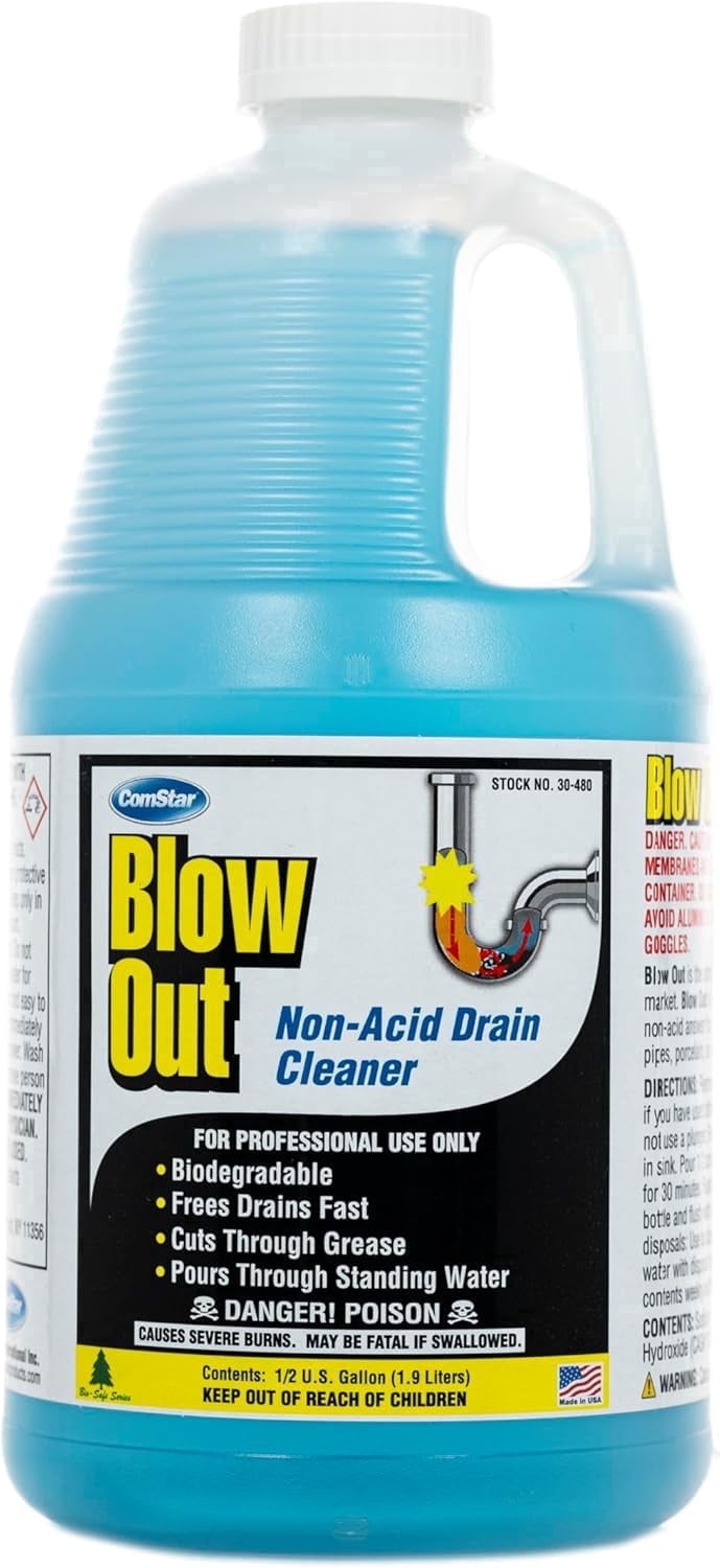 ComStar Blow Out, 1/2 Gallon, Non-Acid Liquid Drain Cleaner, Industrial Strength Formula for Fast Unclogging, Dissolves Hair Grease Soap & Organic Build-Up, Safe for Pipes, Septic, Porcelain (30-480)