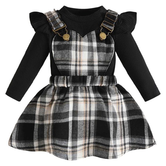 Duqingm Girls Clothes Ruffled Long Sleeve Top and Plaid Skirt 2PCS Set Fall Winter Girls Outfits Size 9Months-3Years (Black,18-24 Months)