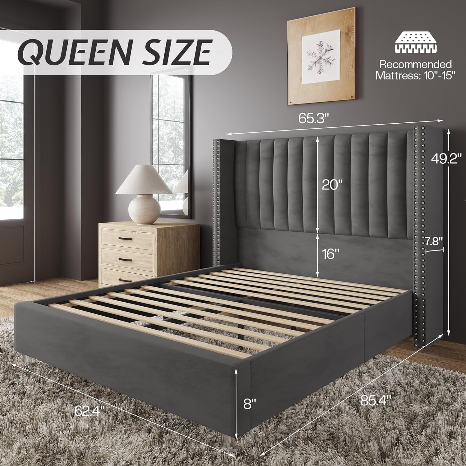 VanAcc Queen Velvet Tufted Upholstered Platform Bed Frame with Headboard , No Box Spring Needed, Grey