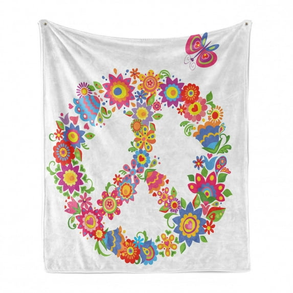 Groovy Soft Flannel Fleece Throw Blanket, Peace Flower Colorful Illustration About Equality Peaceful World Dreamlike, Cozy Plush for Indoor and Outdoor Use, 60" x 80", Multicolor, by Ambesonne