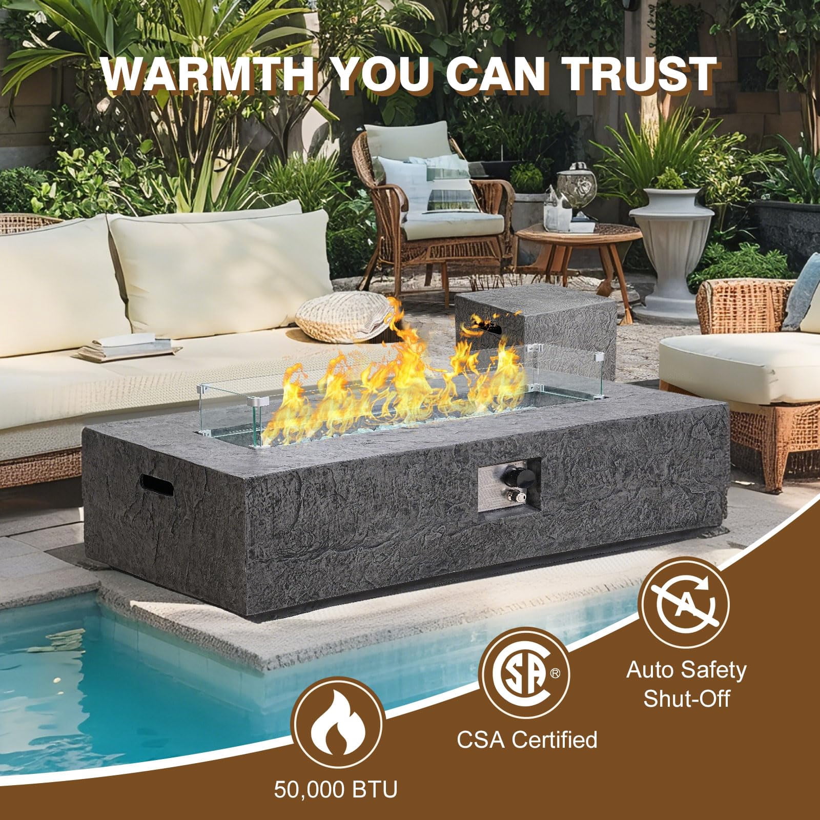 48" 3 Piece Fire Pit Set Rectangle Propane Fire Pit Table with Tank Table and Glass Wind Guard