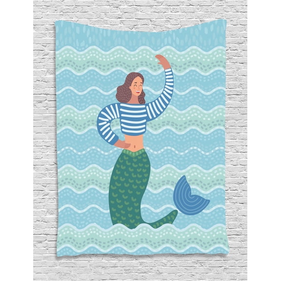 Mermaid Tapestry, Fish Tailed Woman Waving Happily on Abstract Doodle Waves Pastel Tones Illustration, Wall Hanging for Bedroom Living Room Dorm Decor, 60W X 80L Inches, Multicolor, by Ambesonne