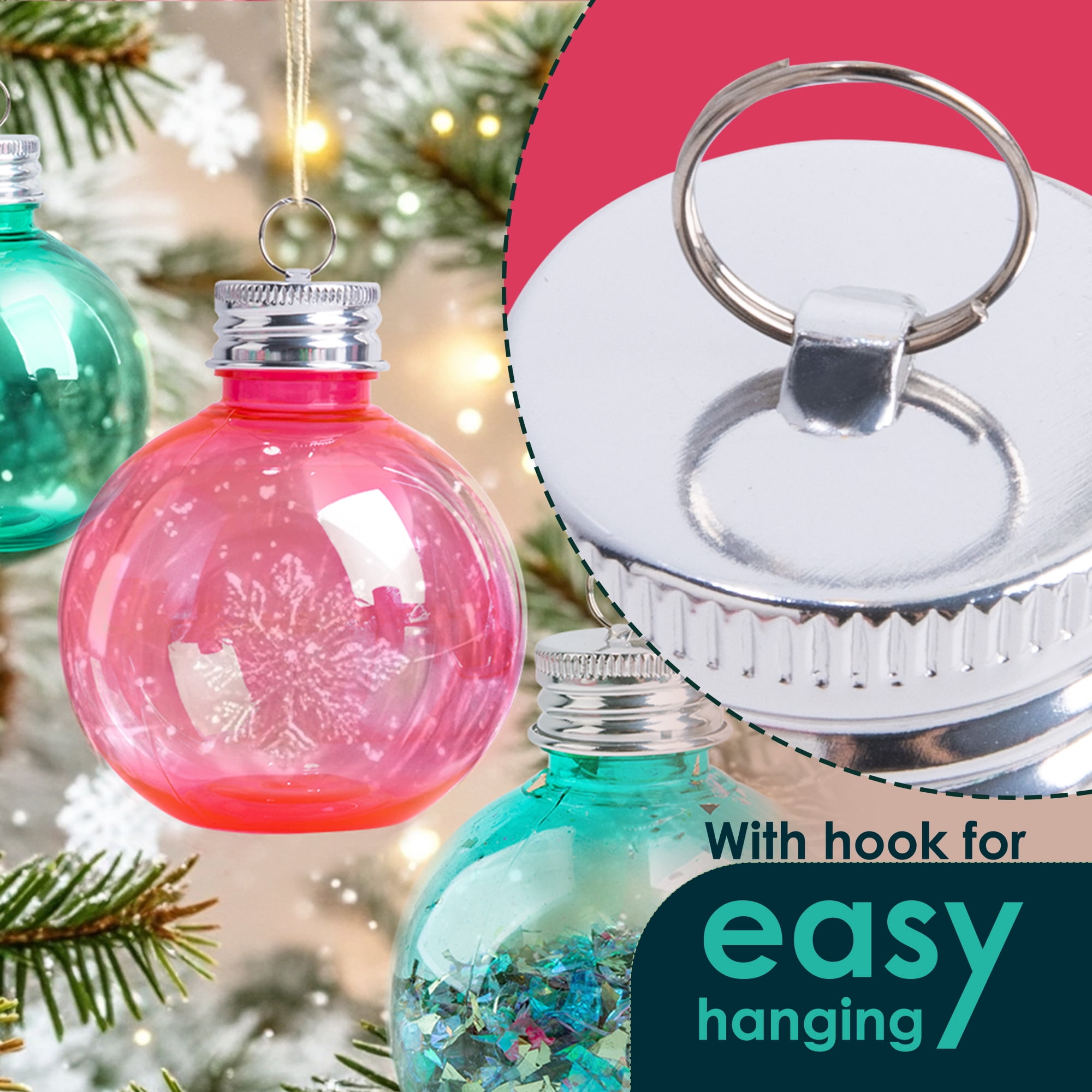 Fillable Christmas Ornament Balls for Drinks, 5 oz Plastic Bulb Ornaments, 6 Pack Hanging Tree Decor for Holiday Gifts and Stocking Stuffers