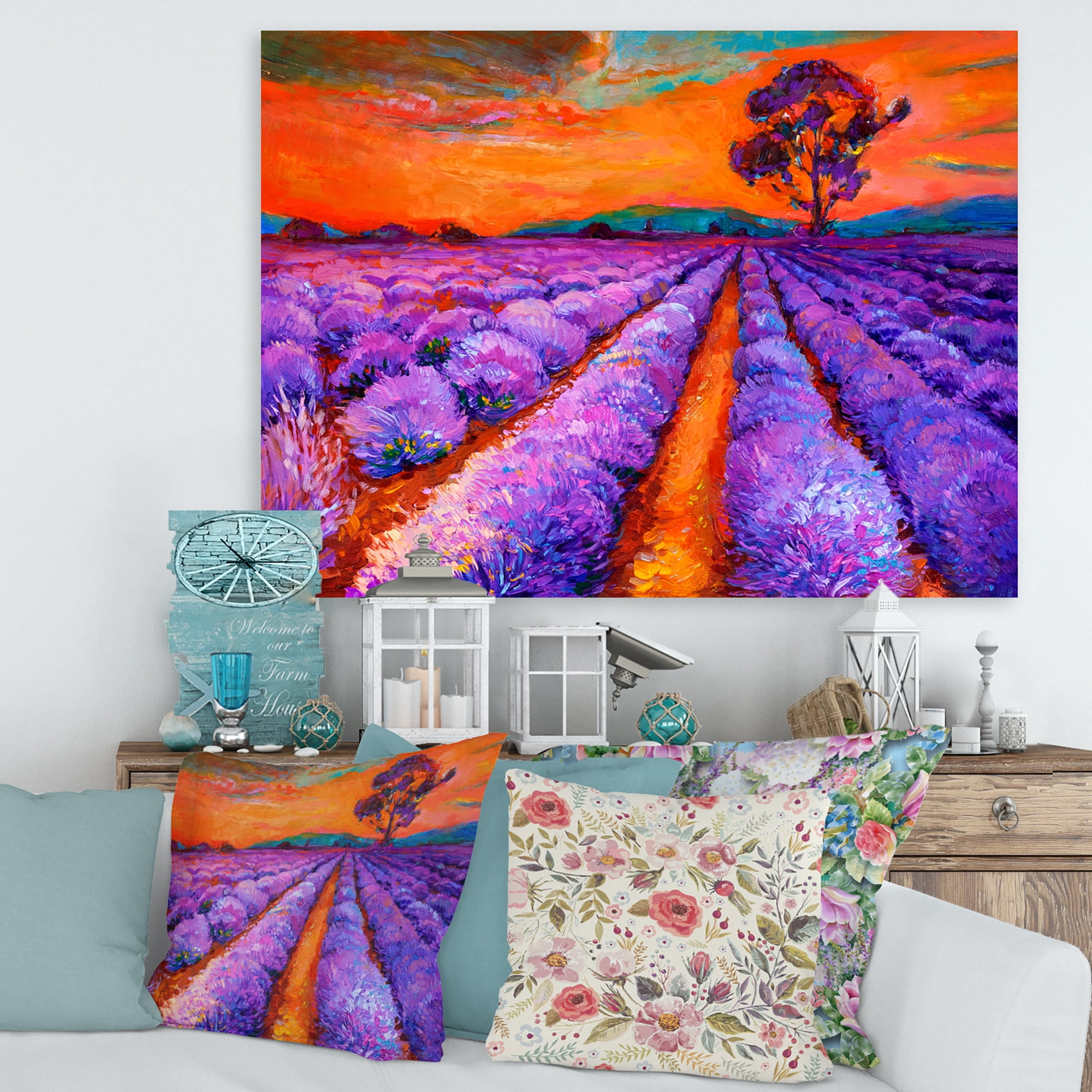 Designart ' An Orange Sunset Over Purple Lavender Fields I ' Farmhouse Canvas Wall Art Print